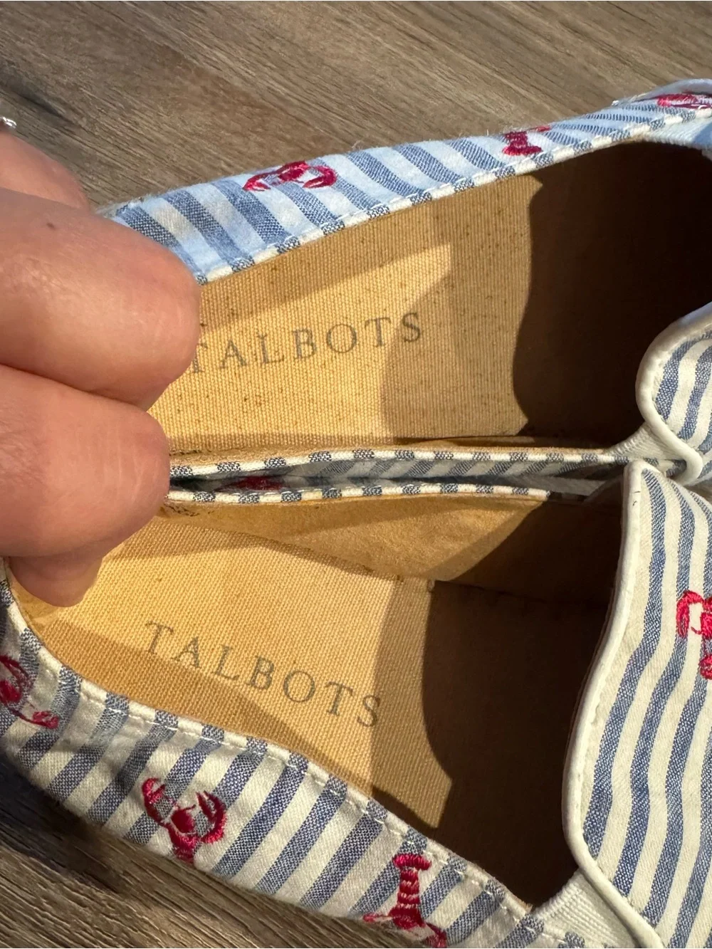 Talbots Blue and White Striped Slip-On Espadrilles with Embroidered Lobsters